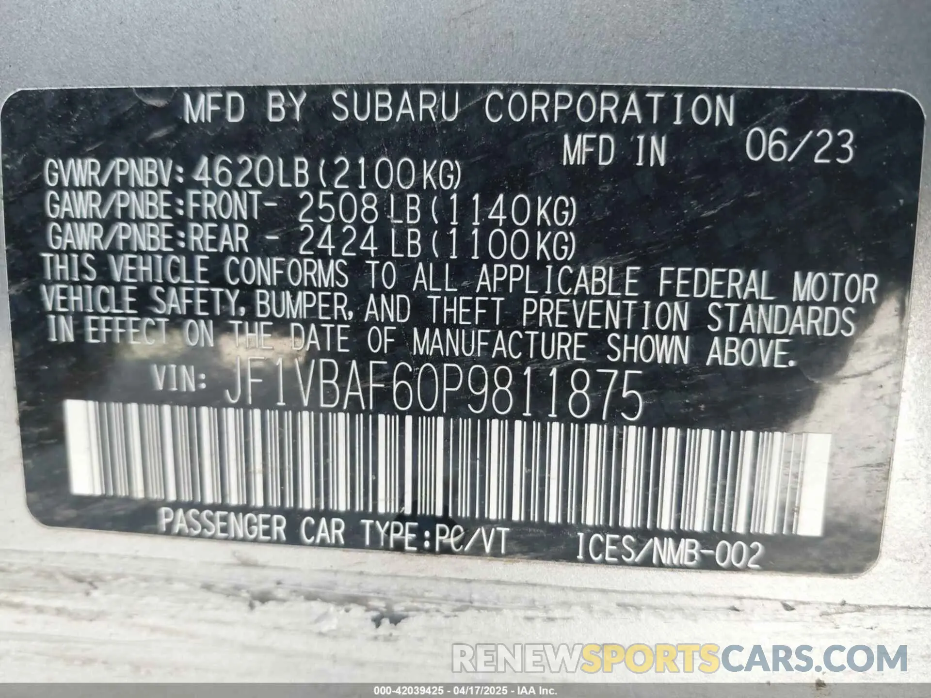 9 Photograph of a damaged car JF1VBAF60P9811875 SUBARU WRX 2023