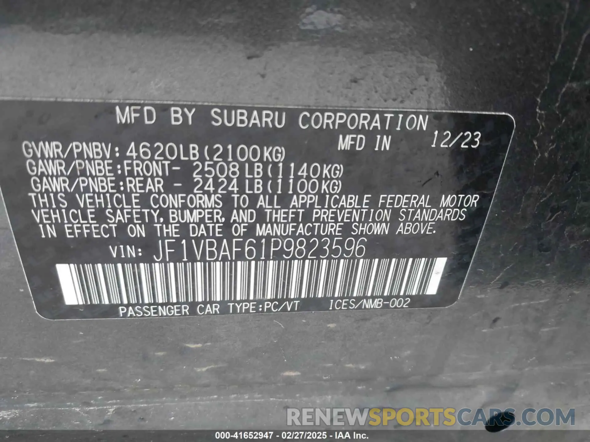 9 Photograph of a damaged car JF1VBAF61P9823596 SUBARU WRX 2023