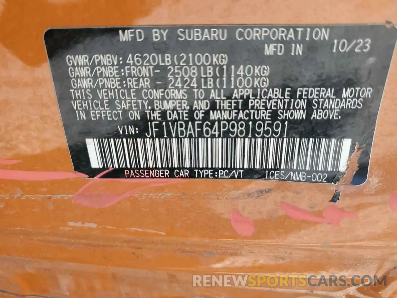 14 Photograph of a damaged car JF1VBAF64P9819591 SUBARU WRX 2023