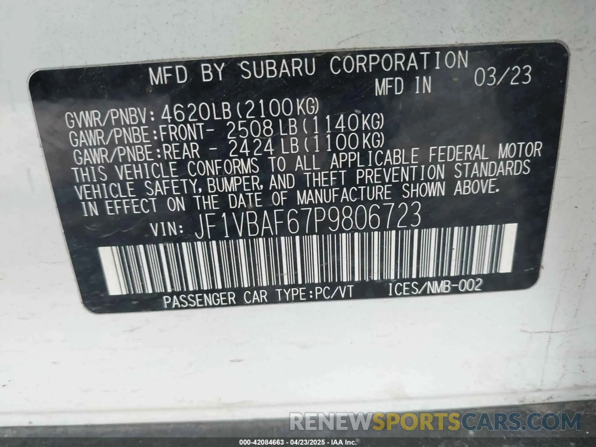9 Photograph of a damaged car JF1VBAF67P9806723 SUBARU WRX 2023