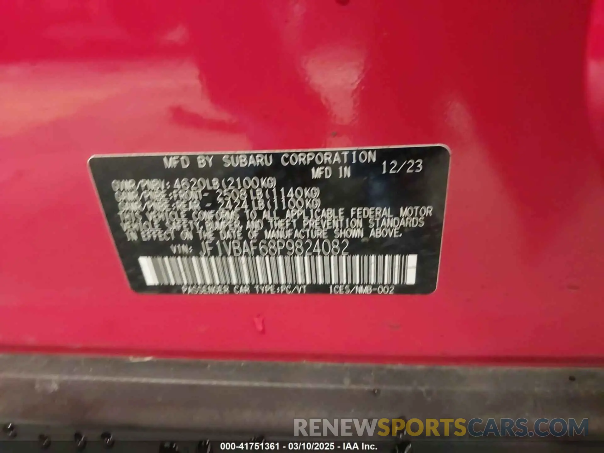 9 Photograph of a damaged car JF1VBAF68P9824082 SUBARU WRX 2023