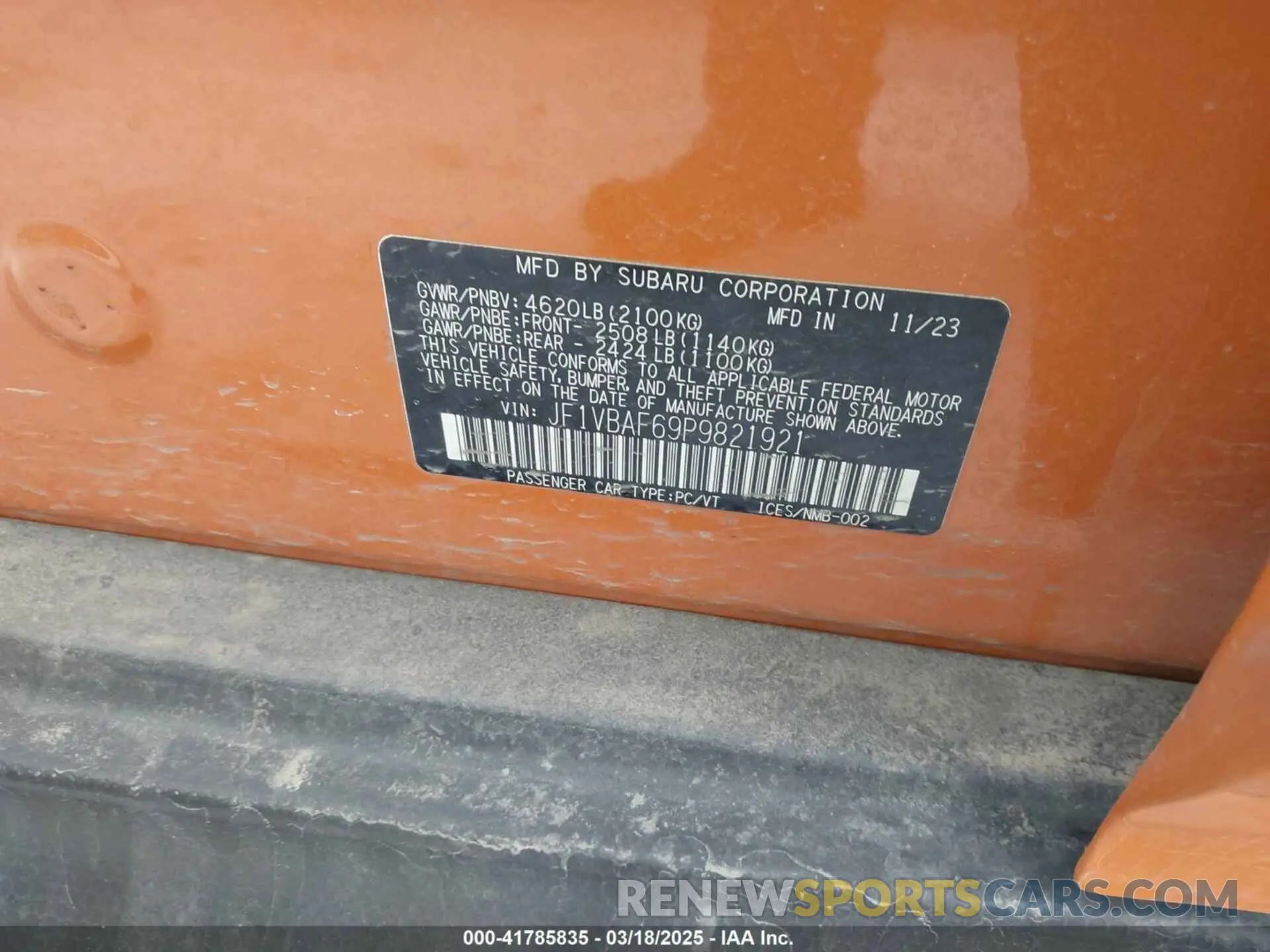 9 Photograph of a damaged car JF1VBAF69P9821921 SUBARU WRX 2023