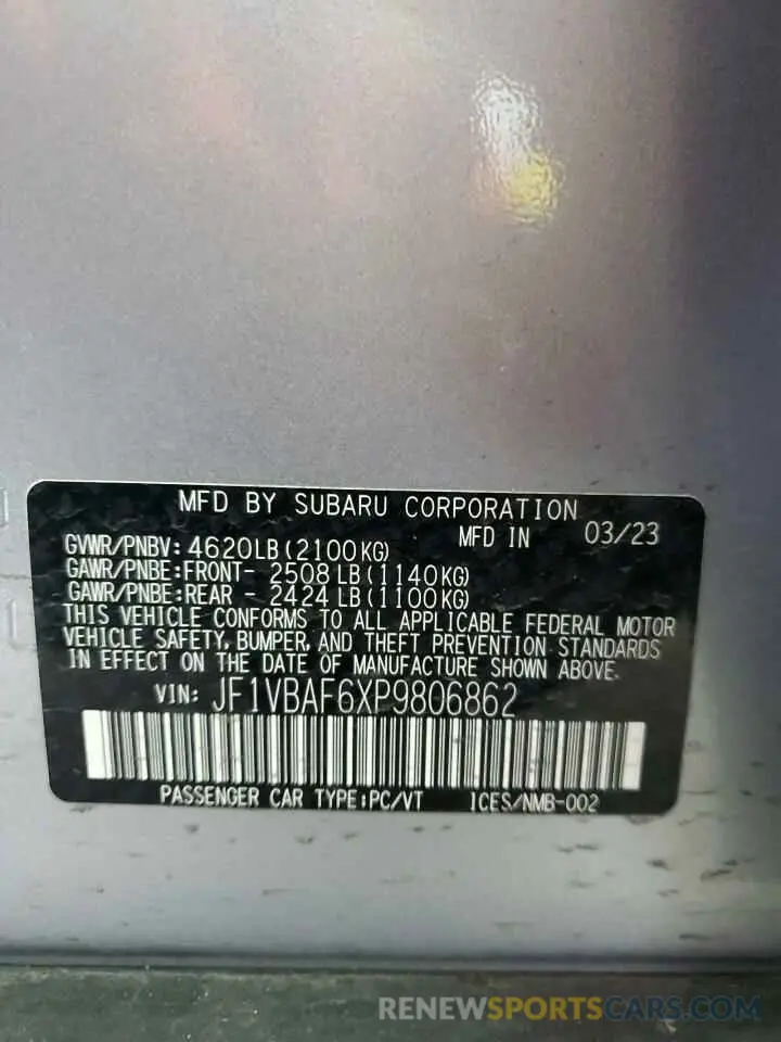 13 Photograph of a damaged car JF1VBAF6XP9806862 SUBARU WRX 2023