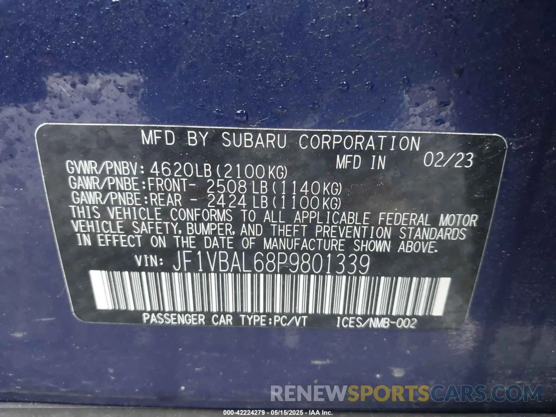 9 Photograph of a damaged car JF1VBAL68P9801339 SUBARU WRX 2023