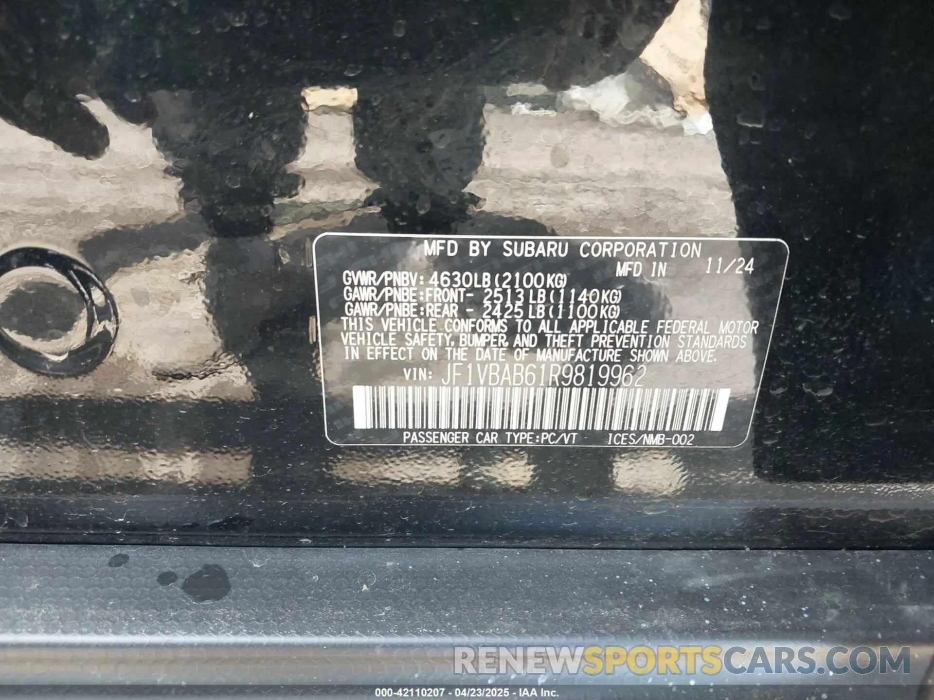 9 Photograph of a damaged car JF1VBAB61R9819962 SUBARU WRX 2024