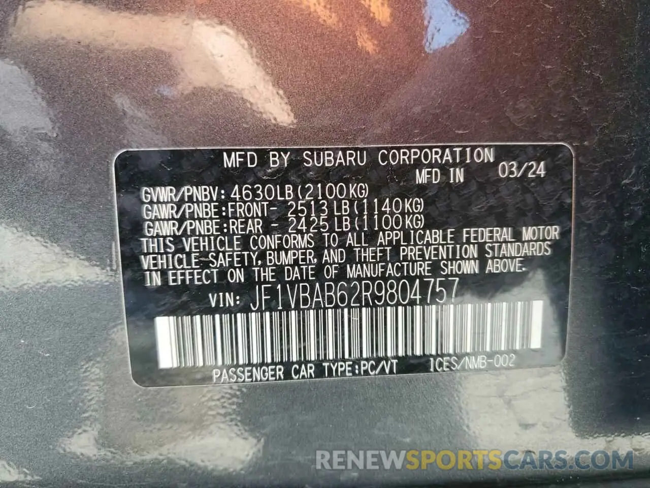 12 Photograph of a damaged car JF1VBAB62R9804757 SUBARU WRX 2024