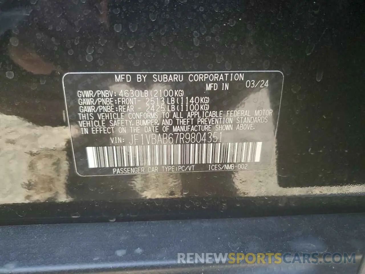 12 Photograph of a damaged car JF1VBAB67R9804351 SUBARU WRX 2024