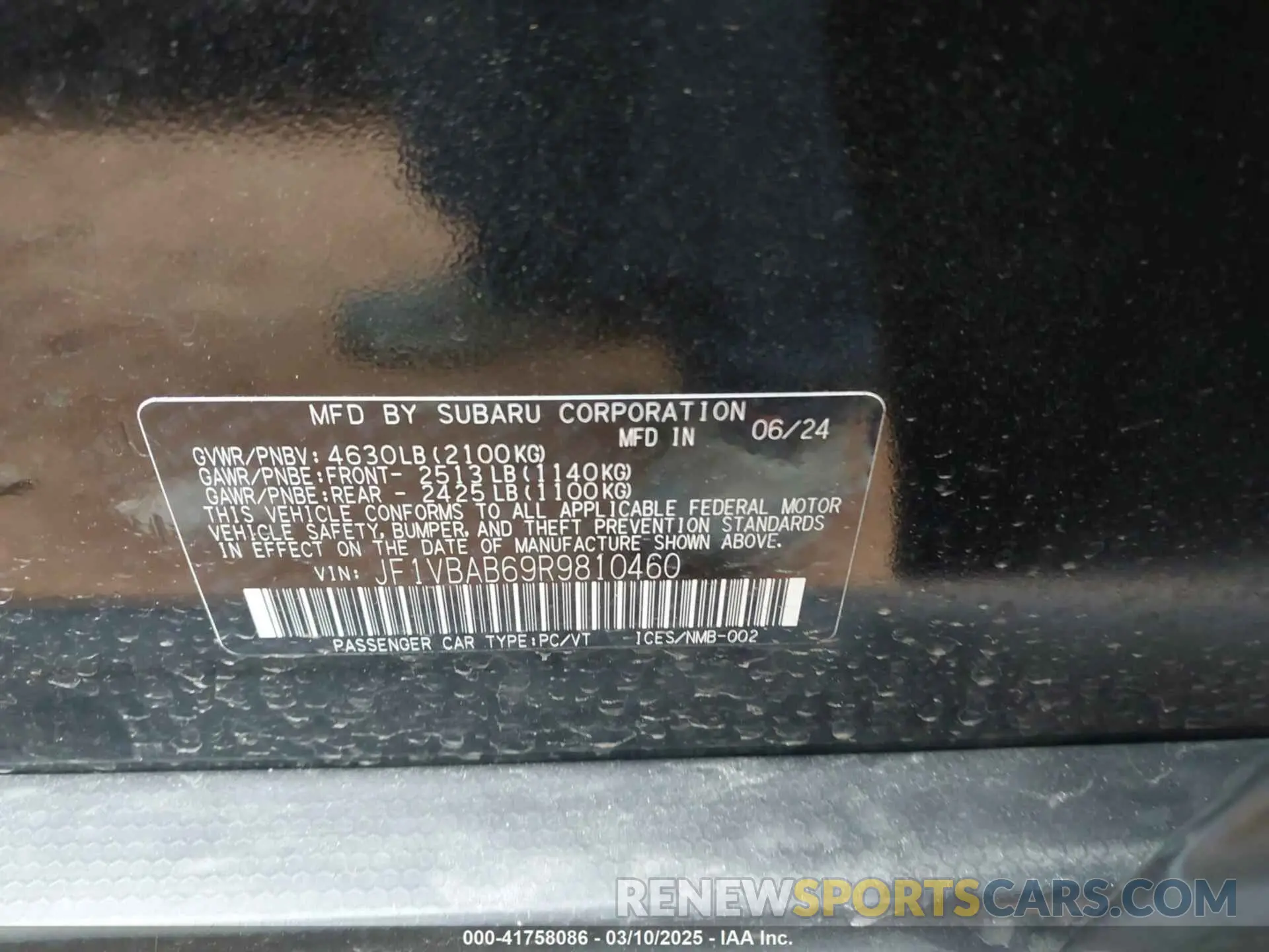 9 Photograph of a damaged car JF1VBAB69R9810460 SUBARU WRX 2024