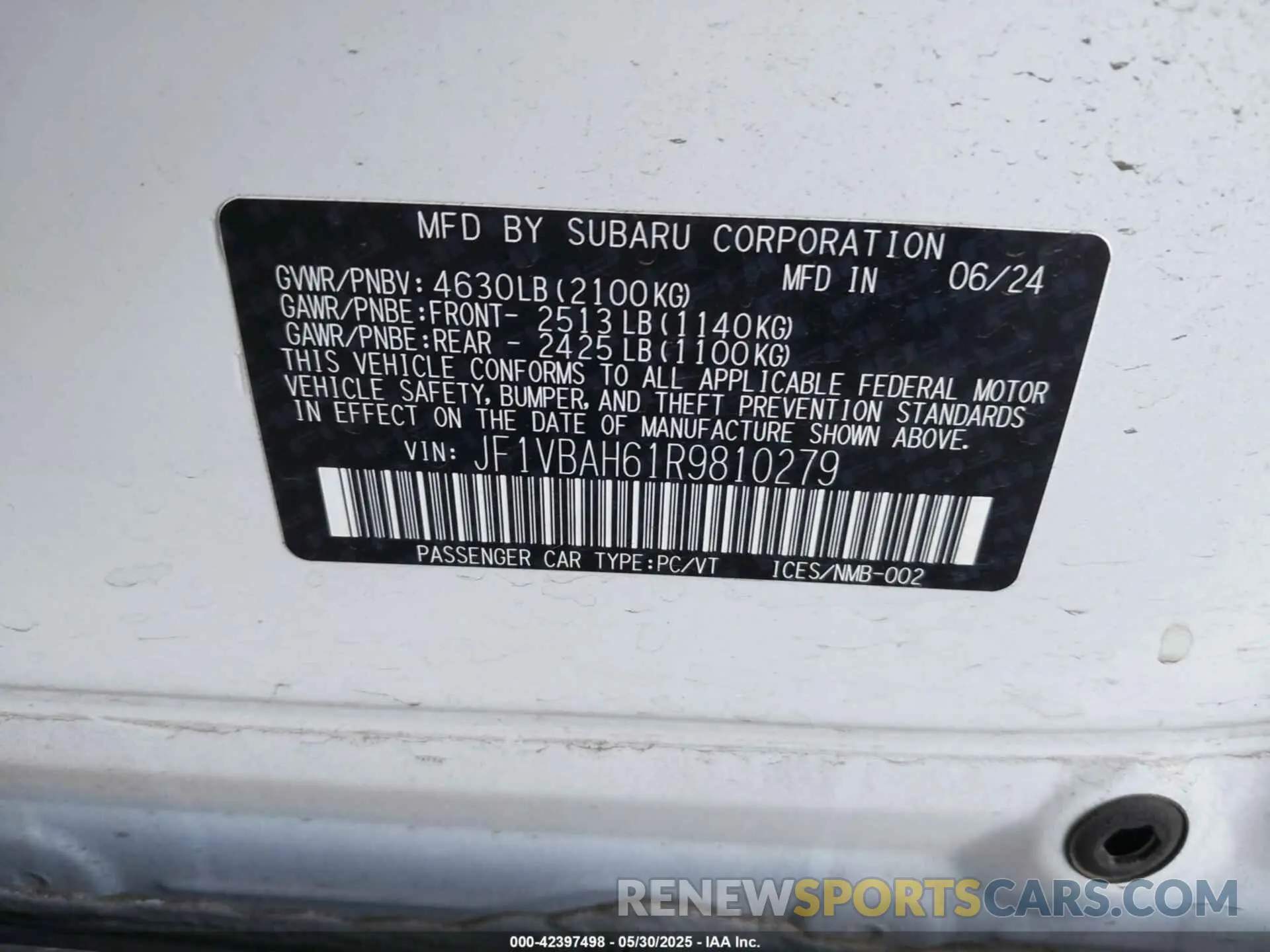 9 Photograph of a damaged car JF1VBAH61R9810279 SUBARU WRX 2024