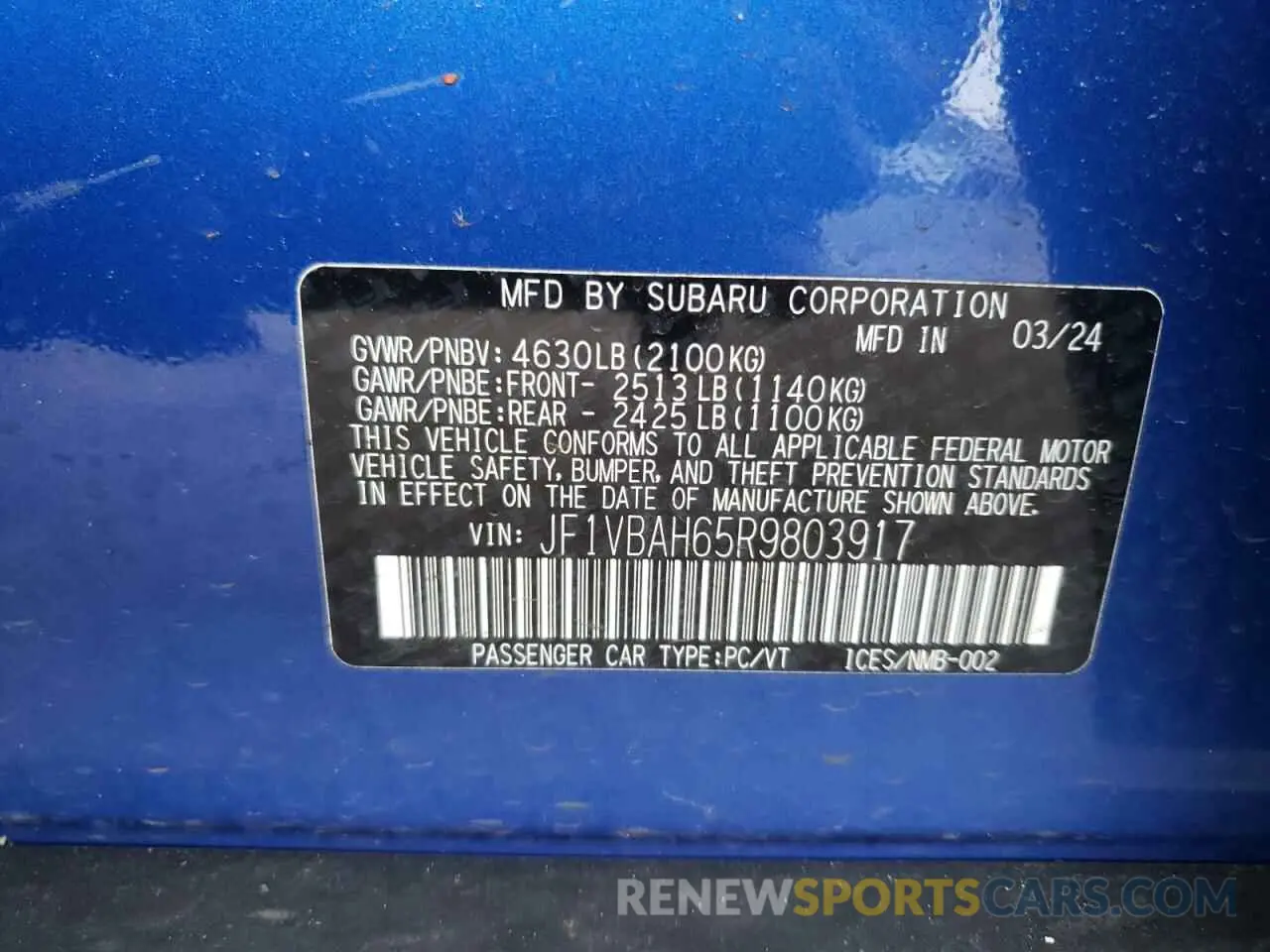 12 Photograph of a damaged car JF1VBAH65R9803917 SUBARU WRX 2024