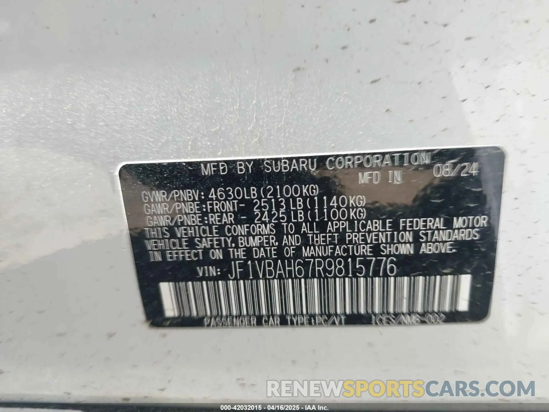9 Photograph of a damaged car JF1VBAH67R9815776 SUBARU WRX 2024