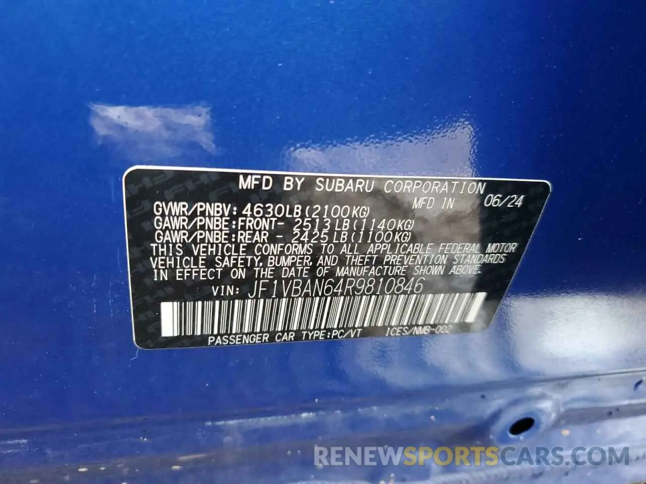 13 Photograph of a damaged car JF1VBAN64R9810846 SUBARU WRX 2024
