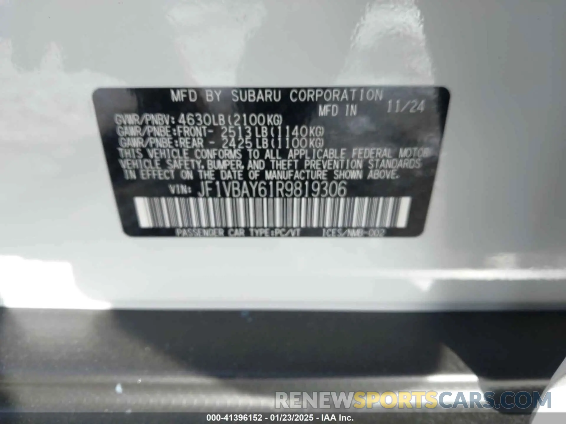 9 Photograph of a damaged car JF1VBAY61R9819306 SUBARU WRX 2024