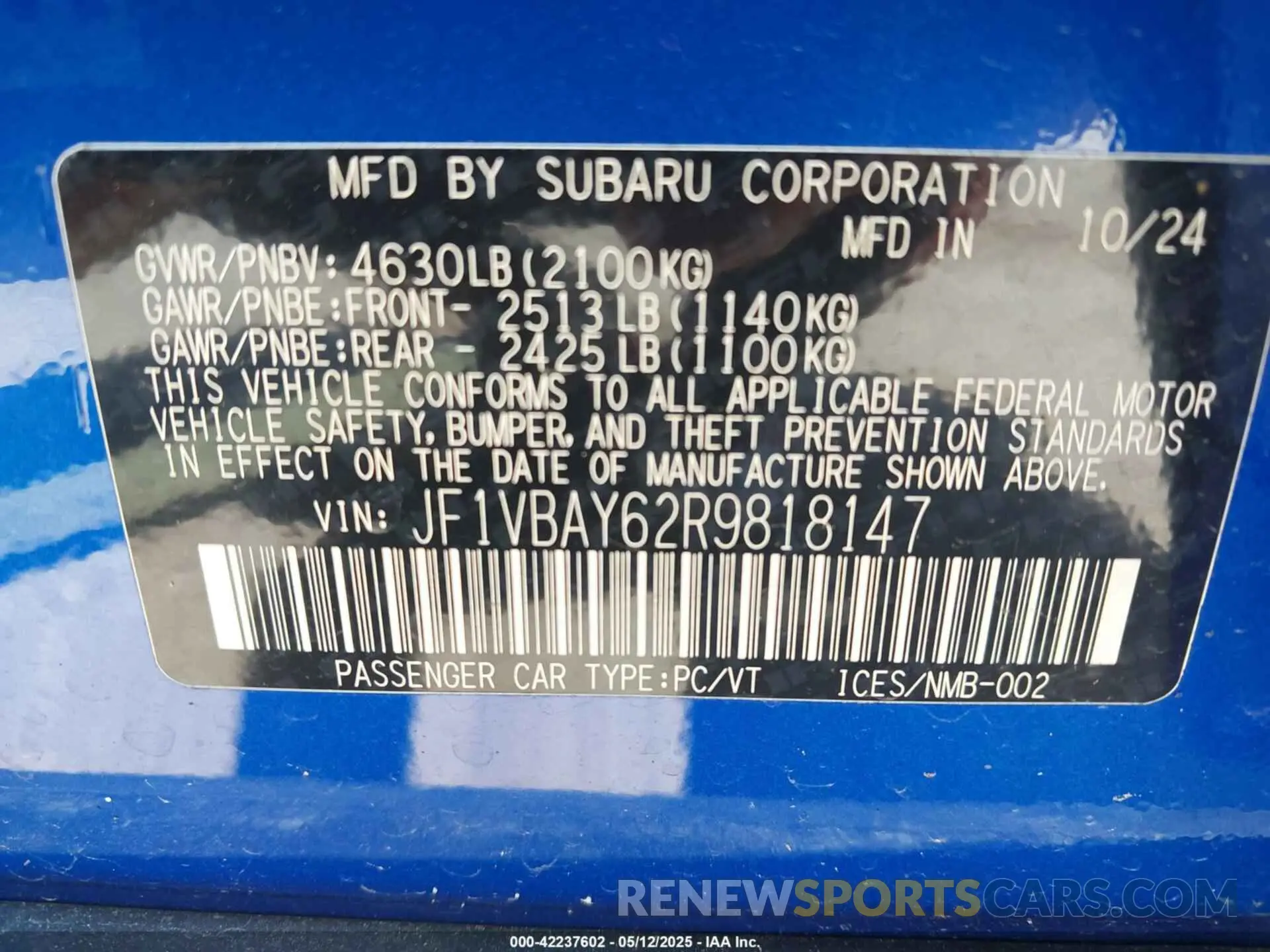 9 Photograph of a damaged car JF1VBAY62R9818147 SUBARU WRX 2024