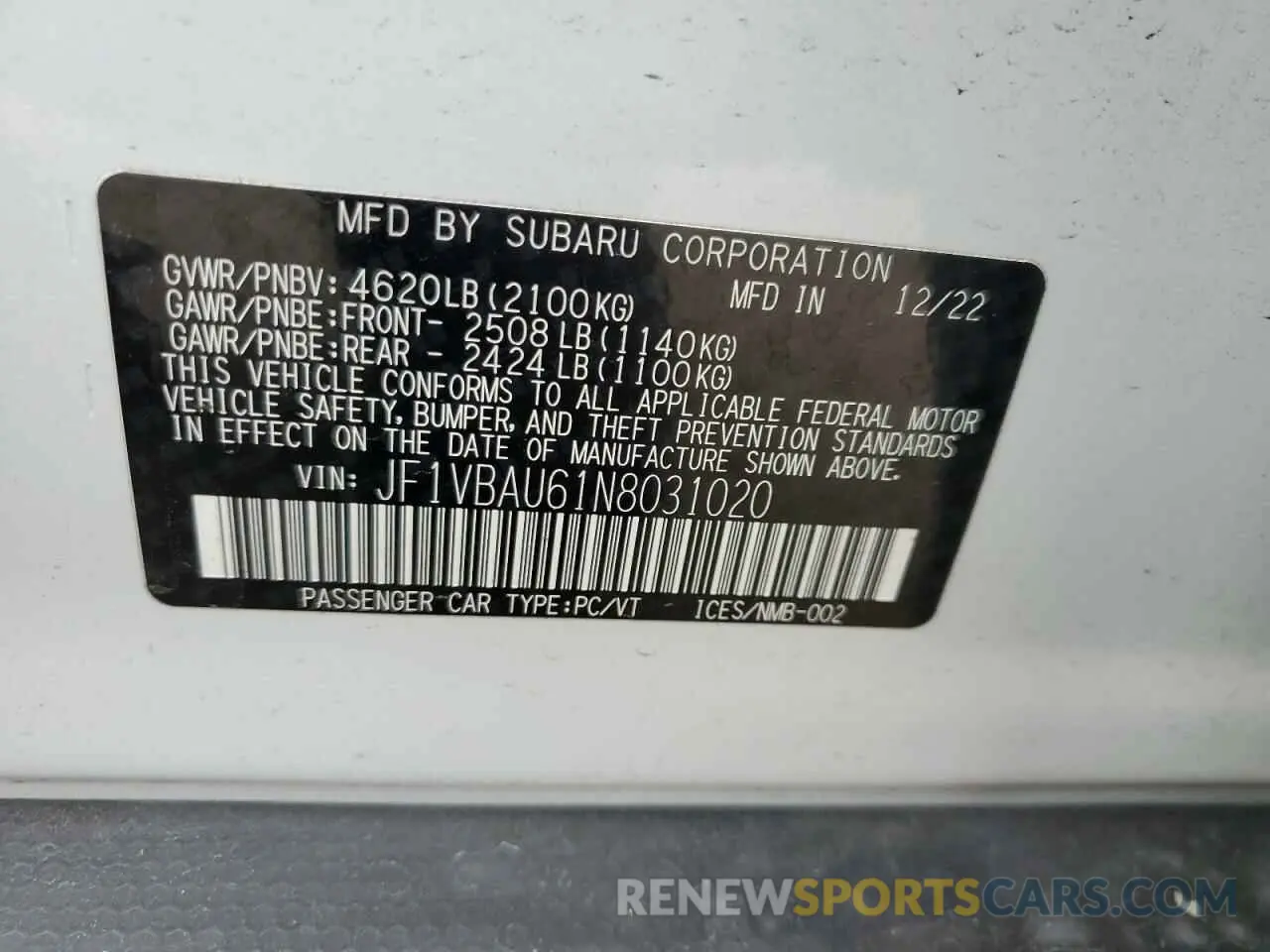 13 Photograph of a damaged car JF1VBAU61N8031020 SUBARU WRX GT 2022