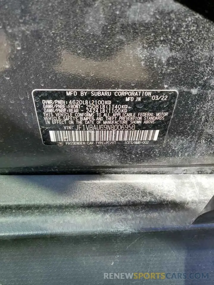 12 Photograph of a damaged car JF1VBAU69N8006950 SUBARU WRX GT 2022