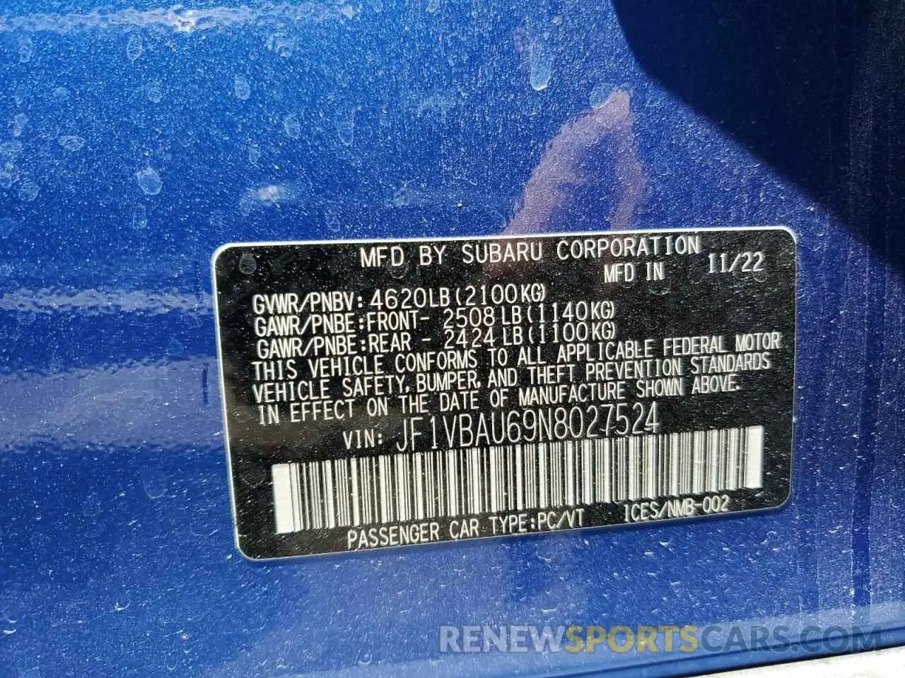 13 Photograph of a damaged car JF1VBAU69N8027524 SUBARU WRX GT 2022