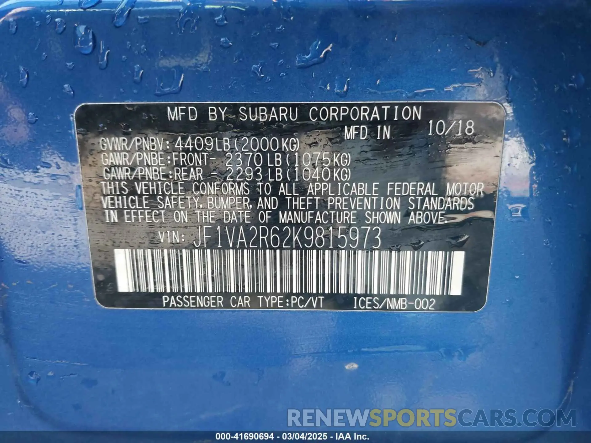 9 Photograph of a damaged car JF1VA2R62K9815973 SUBARU WRX STI 2019