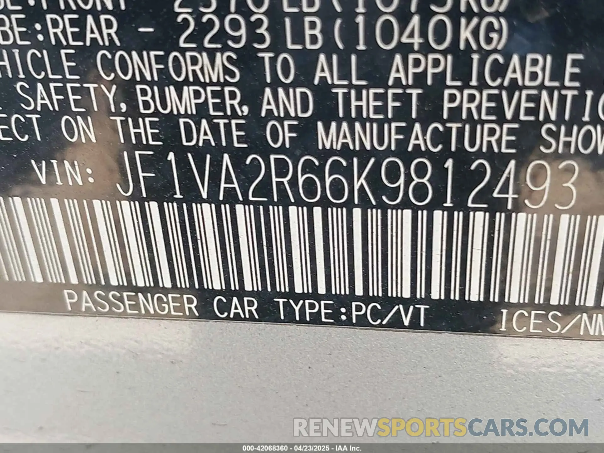 9 Photograph of a damaged car JF1VA2R66K9812493 SUBARU WRX STI 2019
