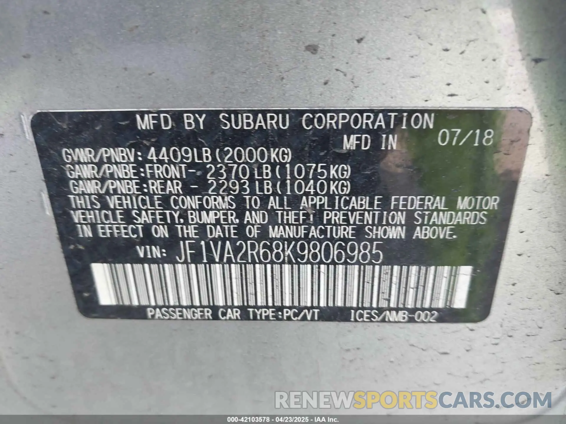 9 Photograph of a damaged car JF1VA2R68K9806985 SUBARU WRX STI 2019