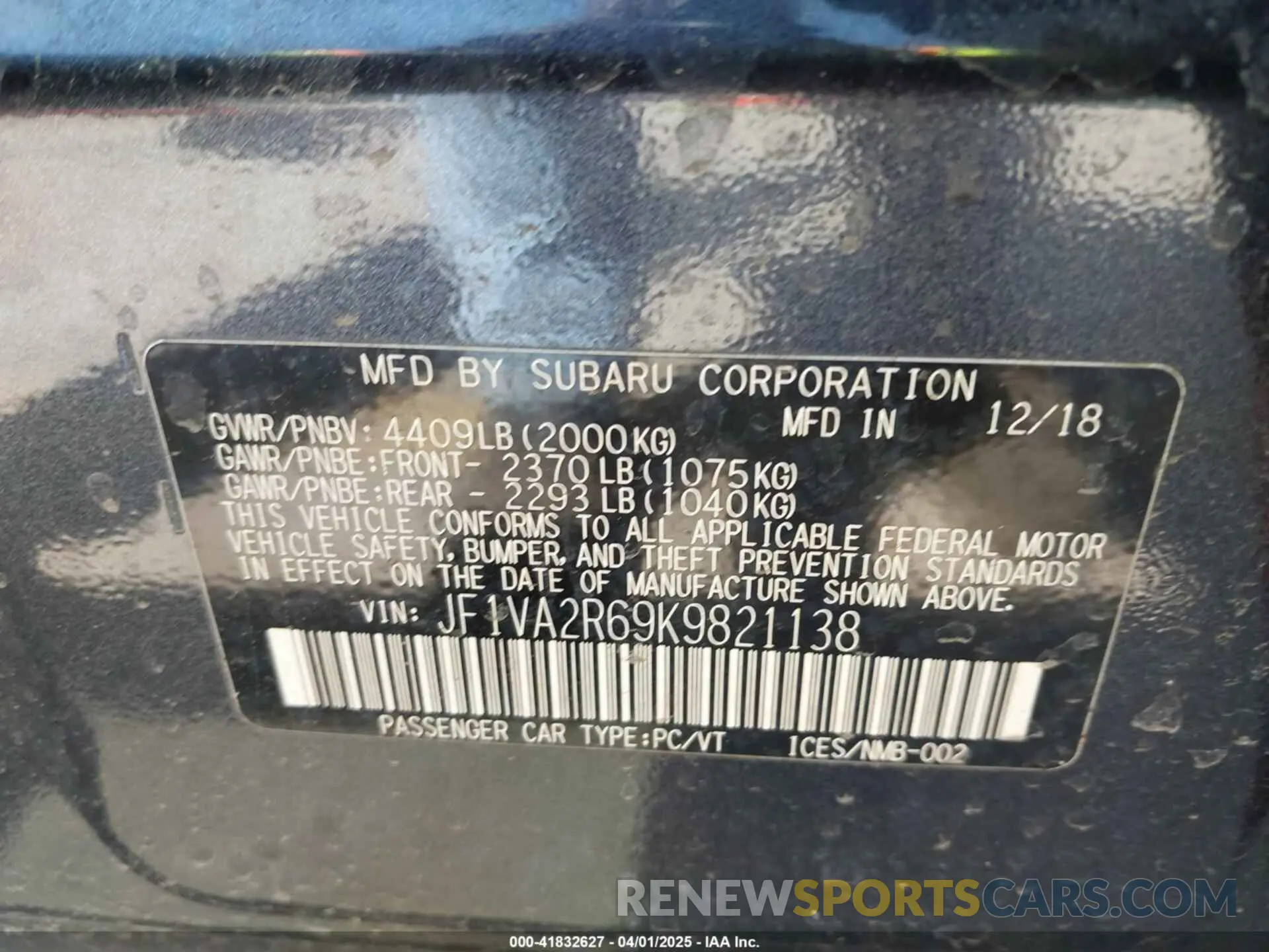 9 Photograph of a damaged car JF1VA2R69K9821138 SUBARU WRX STI 2019