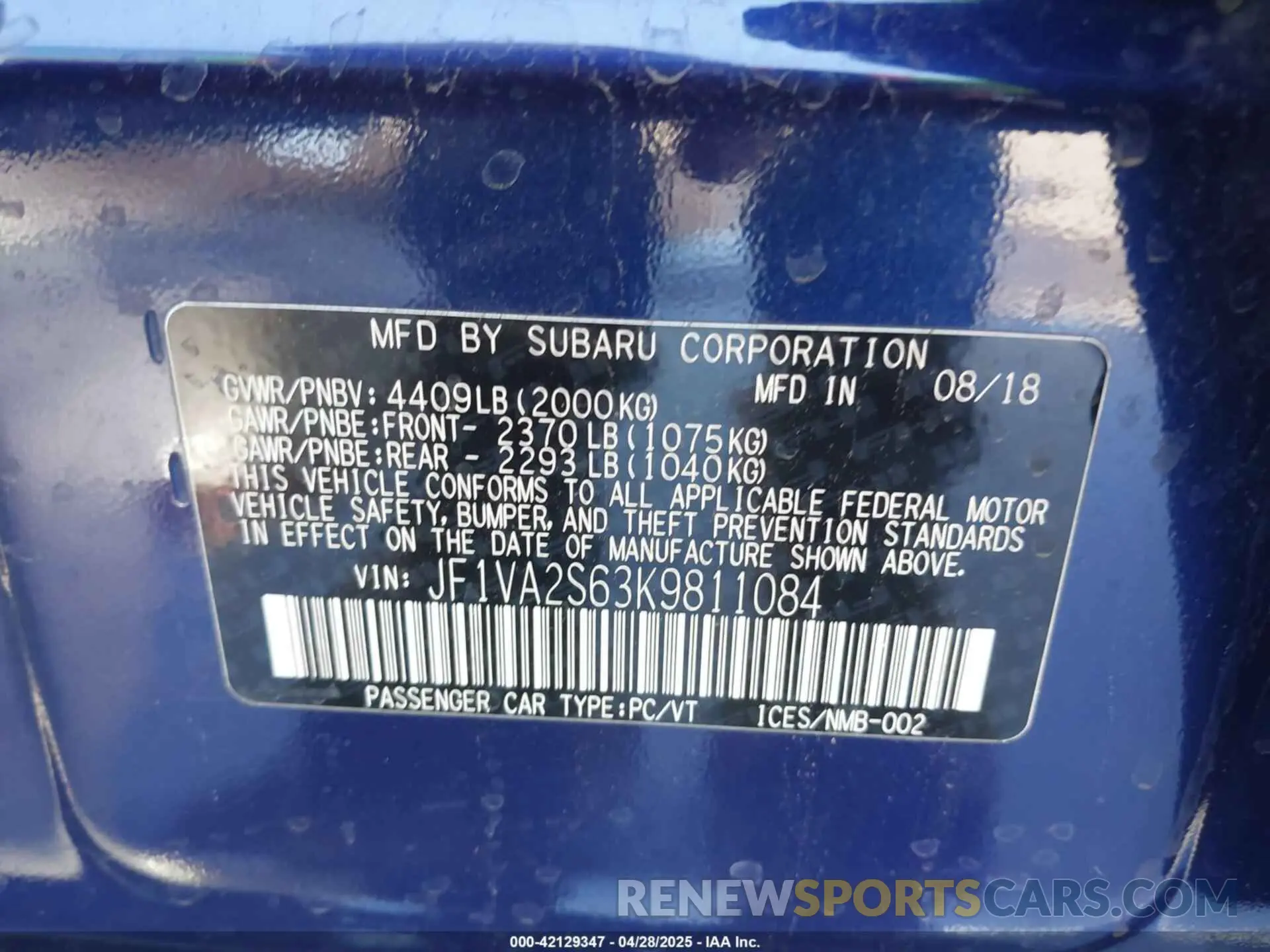9 Photograph of a damaged car JF1VA2S63K9811084 SUBARU WRX STI 2019