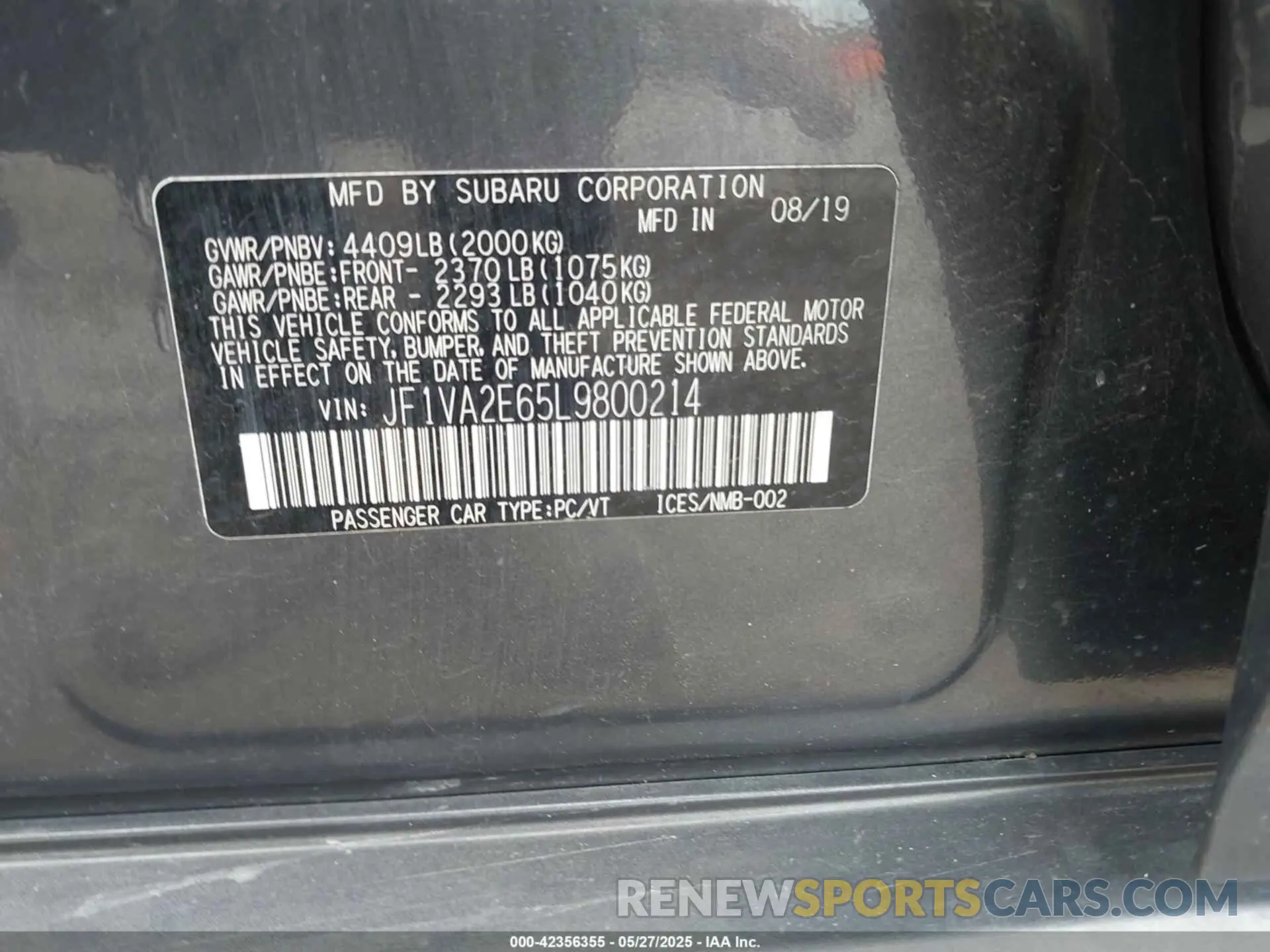 9 Photograph of a damaged car JF1VA2E65L9800214 SUBARU WRX STI 2020