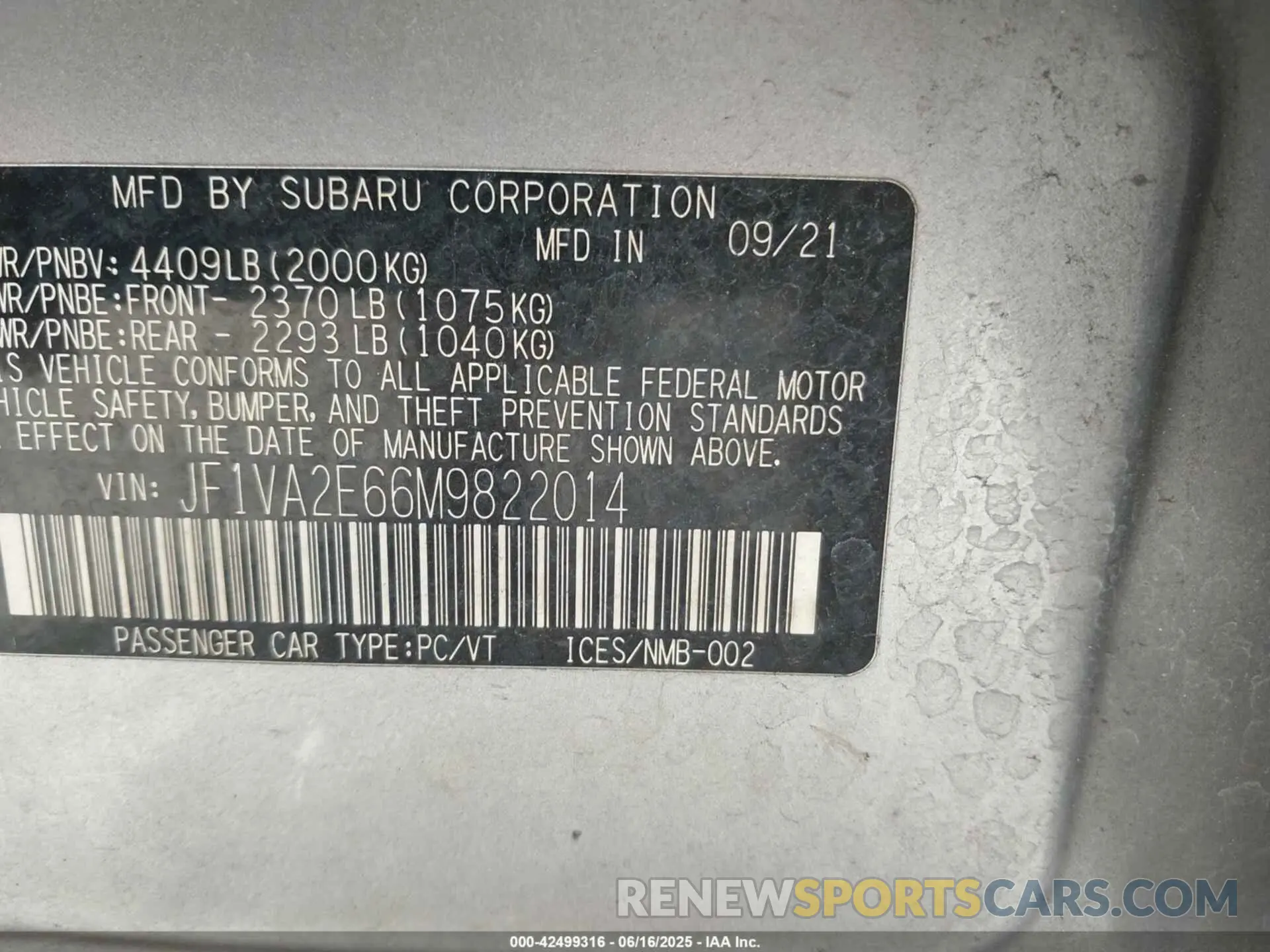 9 Photograph of a damaged car JF1VA2E66M9822014 SUBARU WRX STI 2021