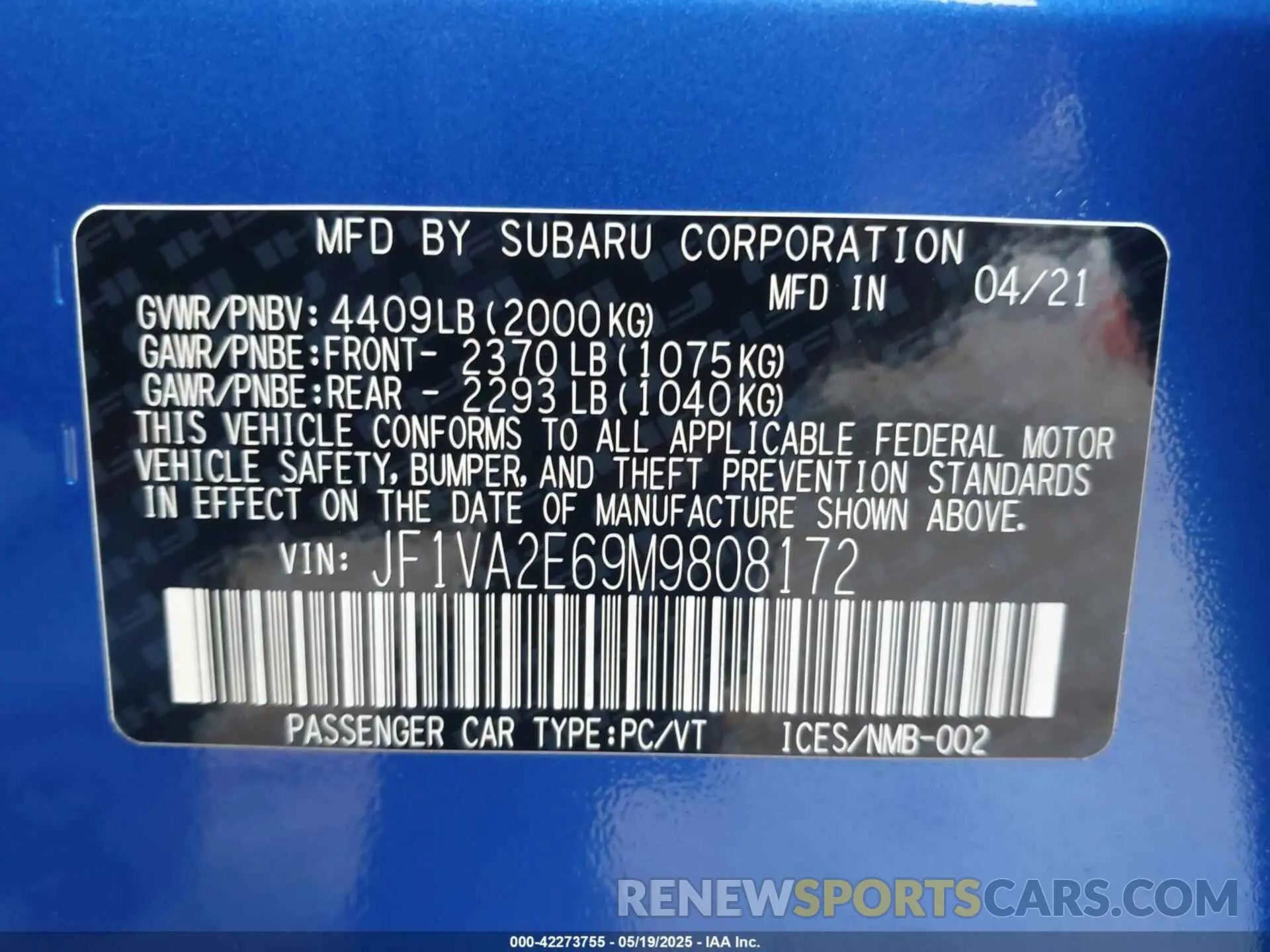 9 Photograph of a damaged car JF1VA2E69M9808172 SUBARU WRX STI 2021