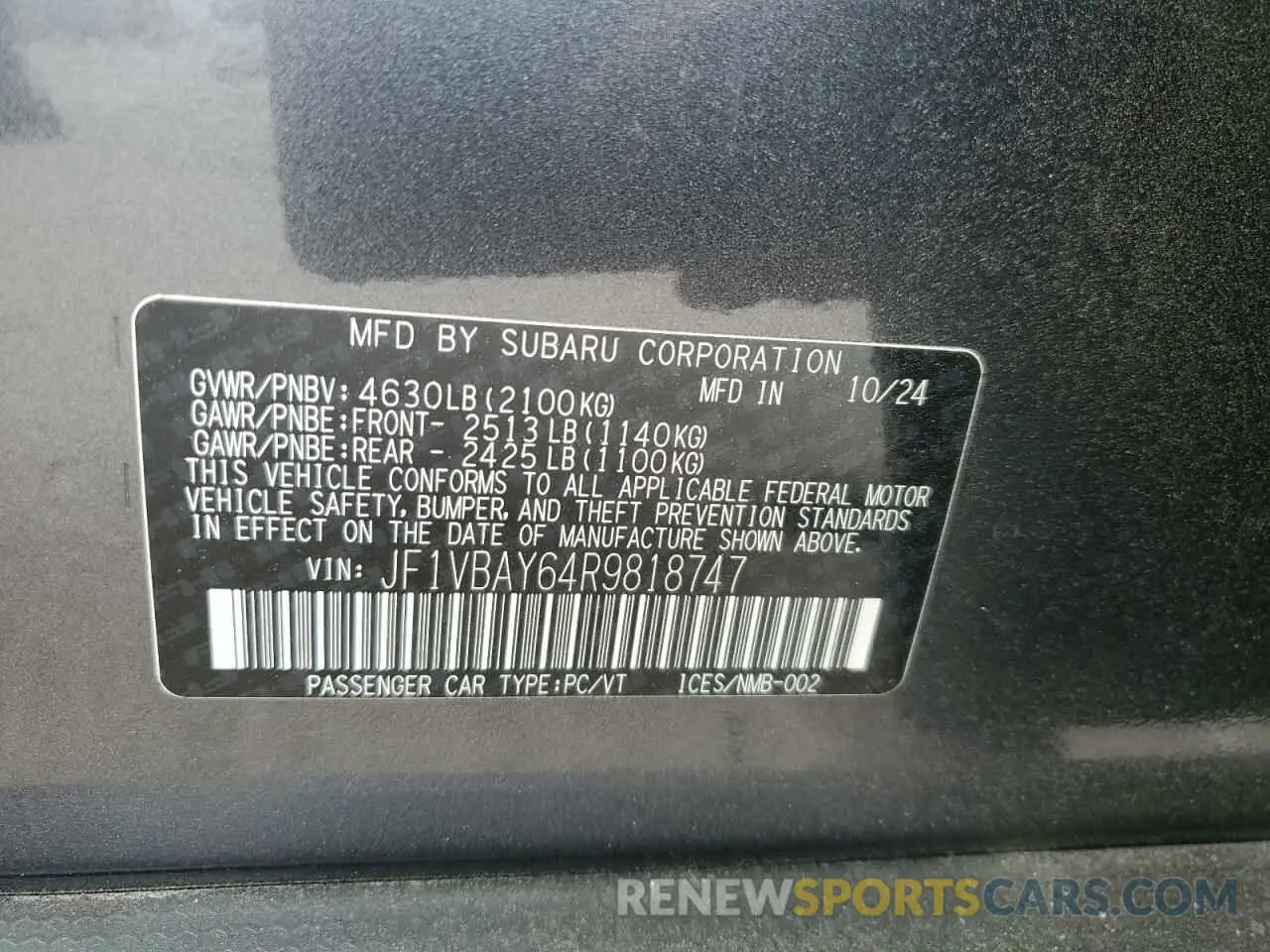 14 Photograph of a damaged car JF1VBAY64R9818747 SUBARU WRX TR 2024