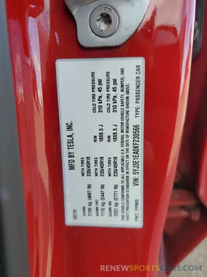 13 Photograph of a damaged car 5YJ3E1EA0KF230566 TESLA MODEL 3 2019
