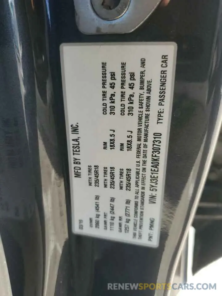 12 Photograph of a damaged car 5YJ3E1EA0KF307310 TESLA MODEL 3 2019