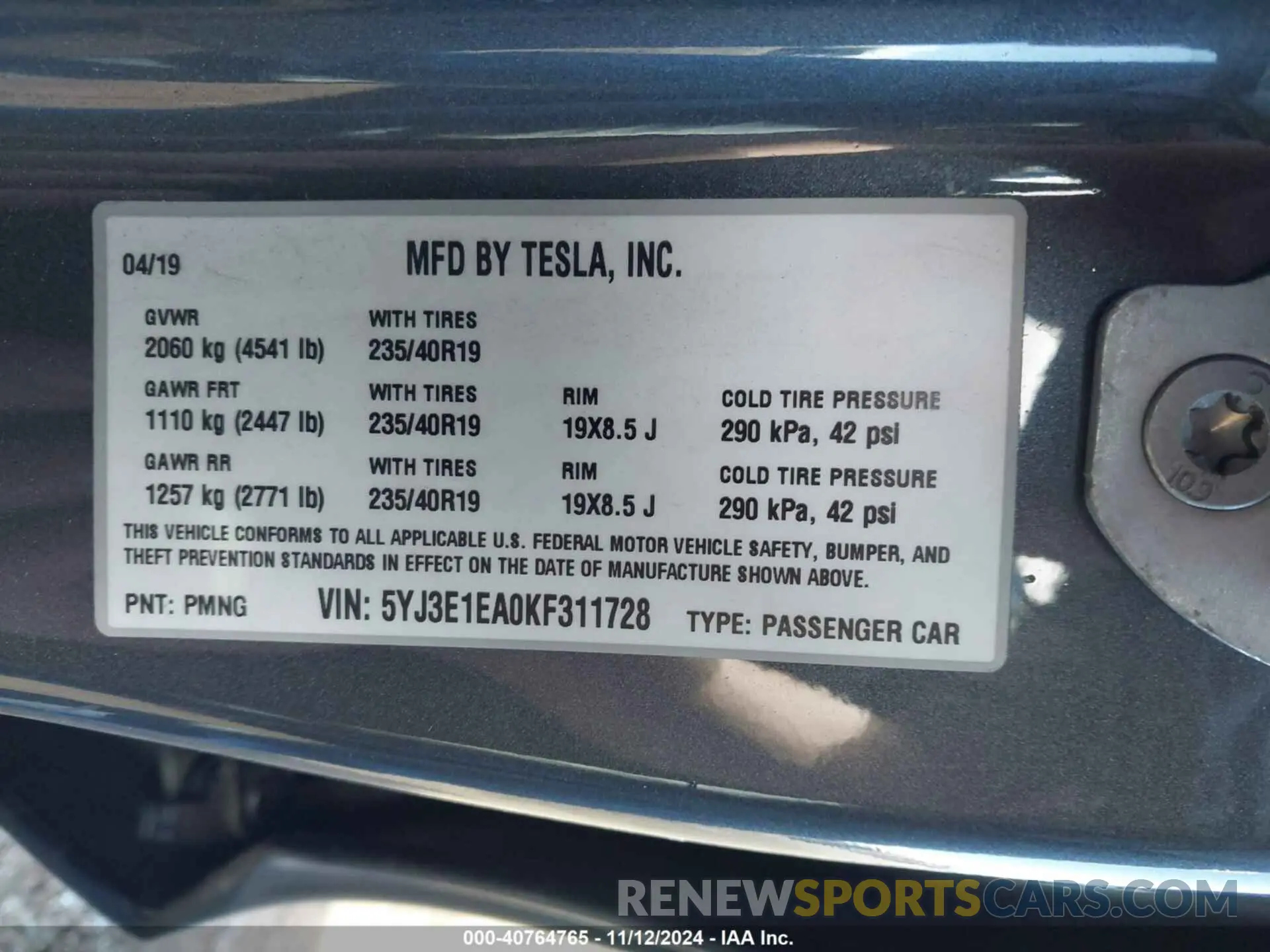 9 Photograph of a damaged car 5YJ3E1EA0KF311728 TESLA MODEL 3 2019