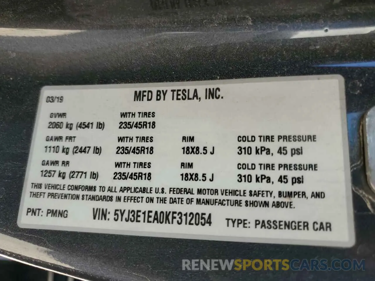 14 Photograph of a damaged car 5YJ3E1EA0KF312054 TESLA MODEL 3 2019