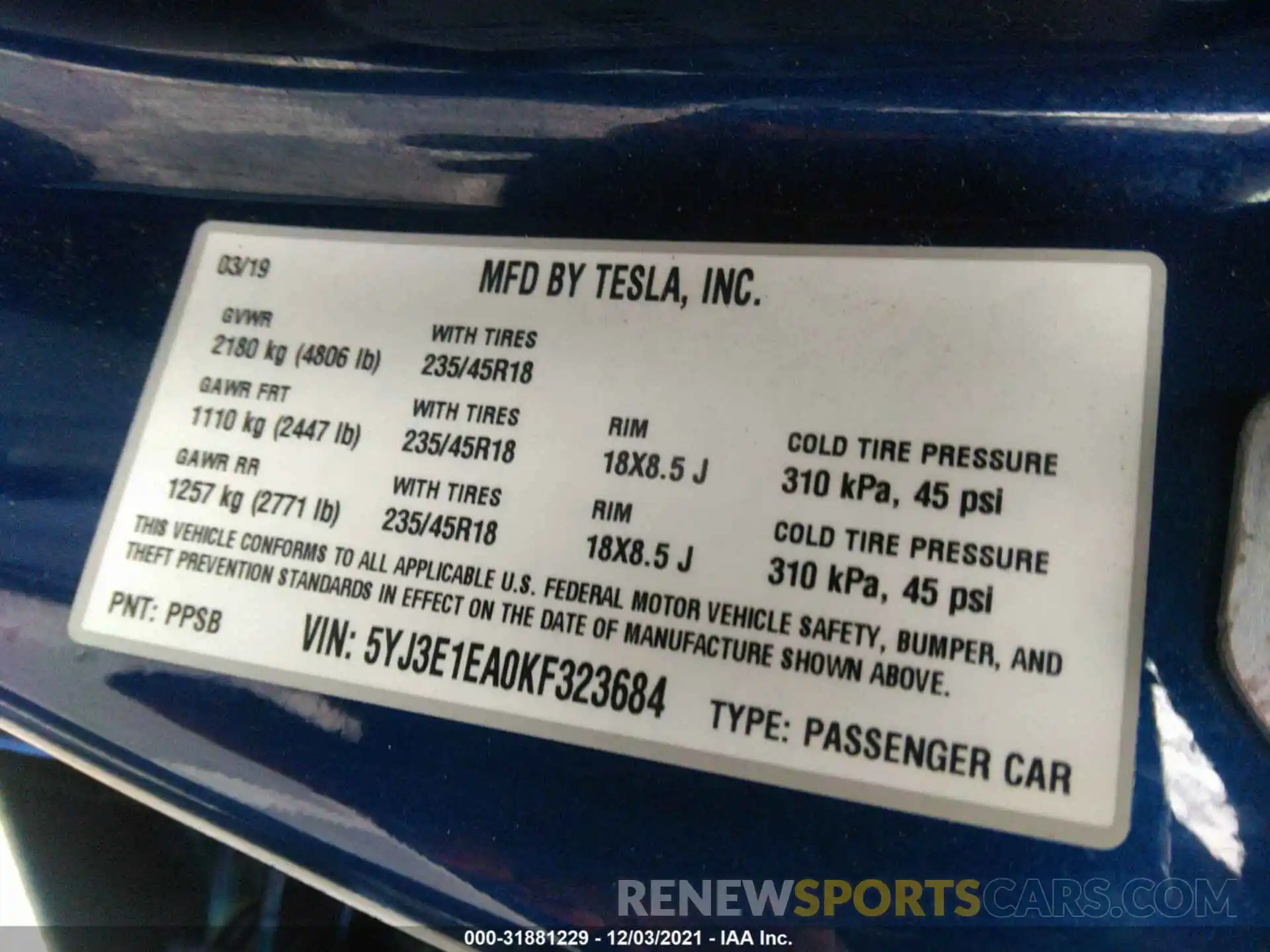 9 Photograph of a damaged car 5YJ3E1EA0KF323684 TESLA MODEL 3 2019