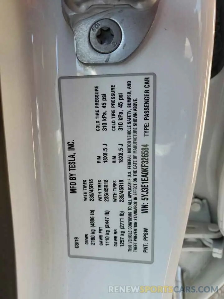 13 Photograph of a damaged car 5YJ3E1EA0KF326584 TESLA MODEL 3 2019