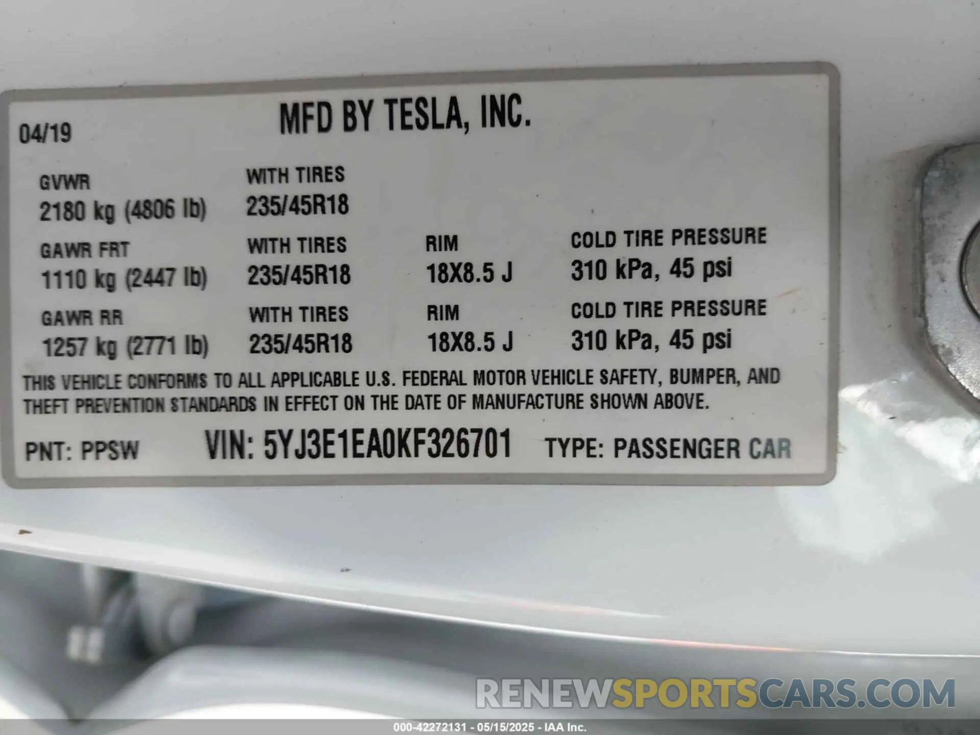 9 Photograph of a damaged car 5YJ3E1EA0KF326701 TESLA MODEL 3 2019