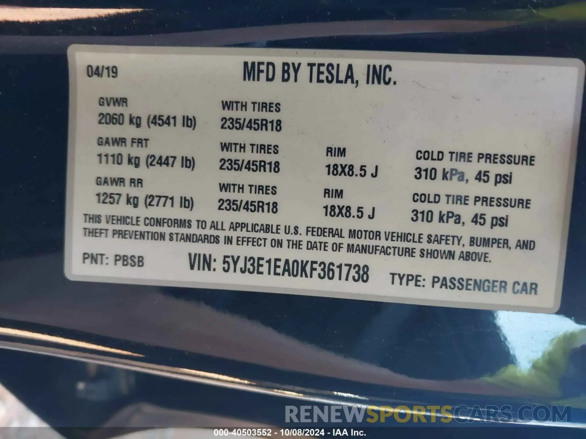 9 Photograph of a damaged car 5YJ3E1EA0KF361738 TESLA MODEL 3 2019