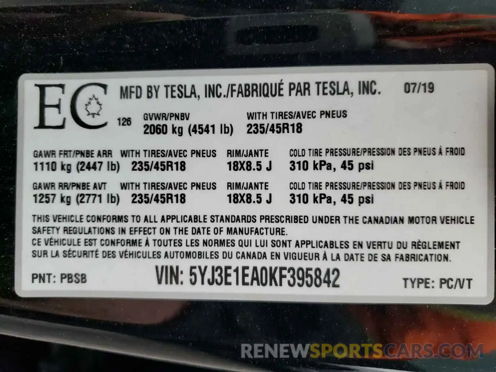 10 Photograph of a damaged car 5YJ3E1EA0KF395842 TESLA MODEL 3 2019