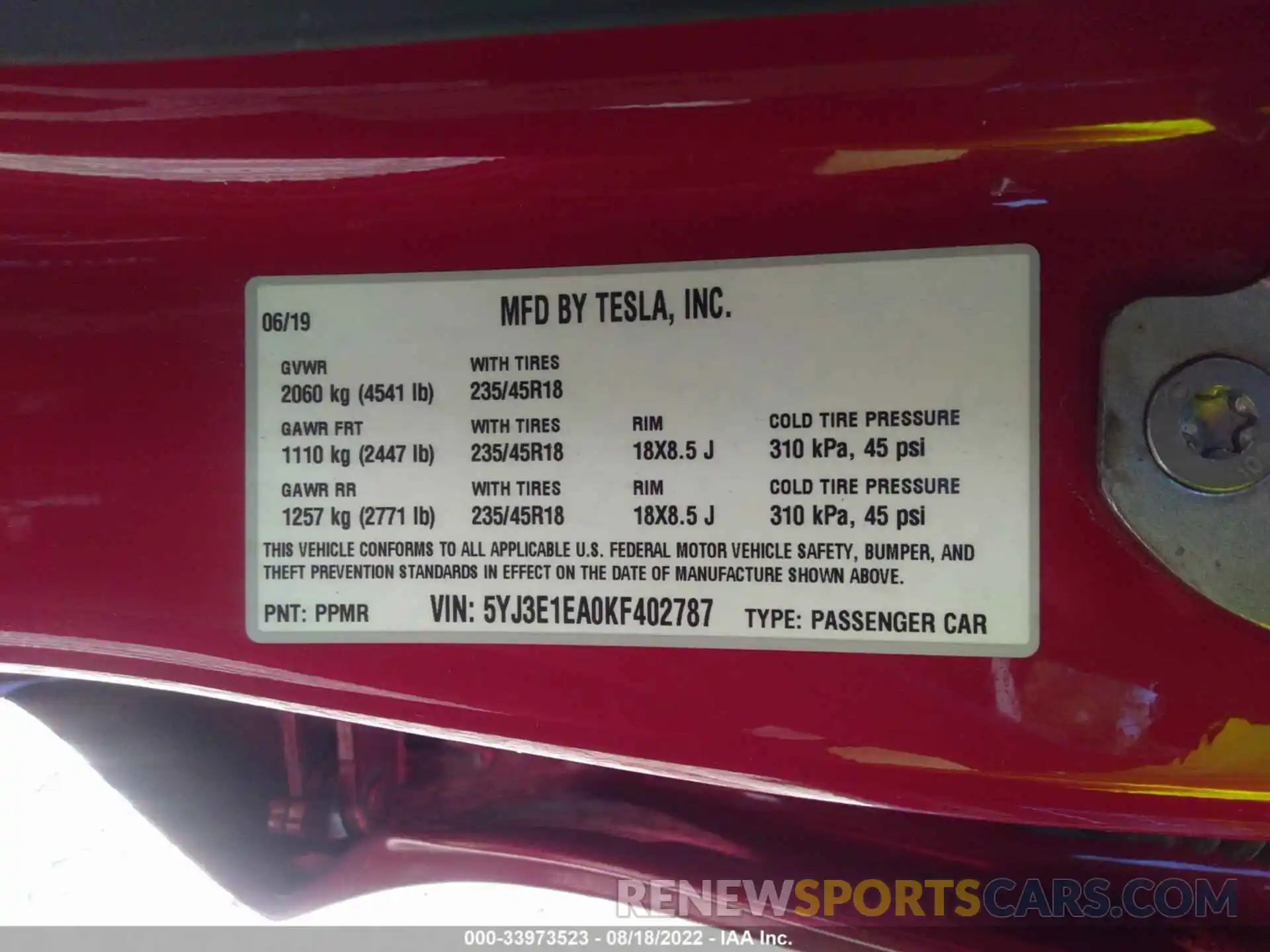 9 Photograph of a damaged car 5YJ3E1EA0KF402787 TESLA MODEL 3 2019