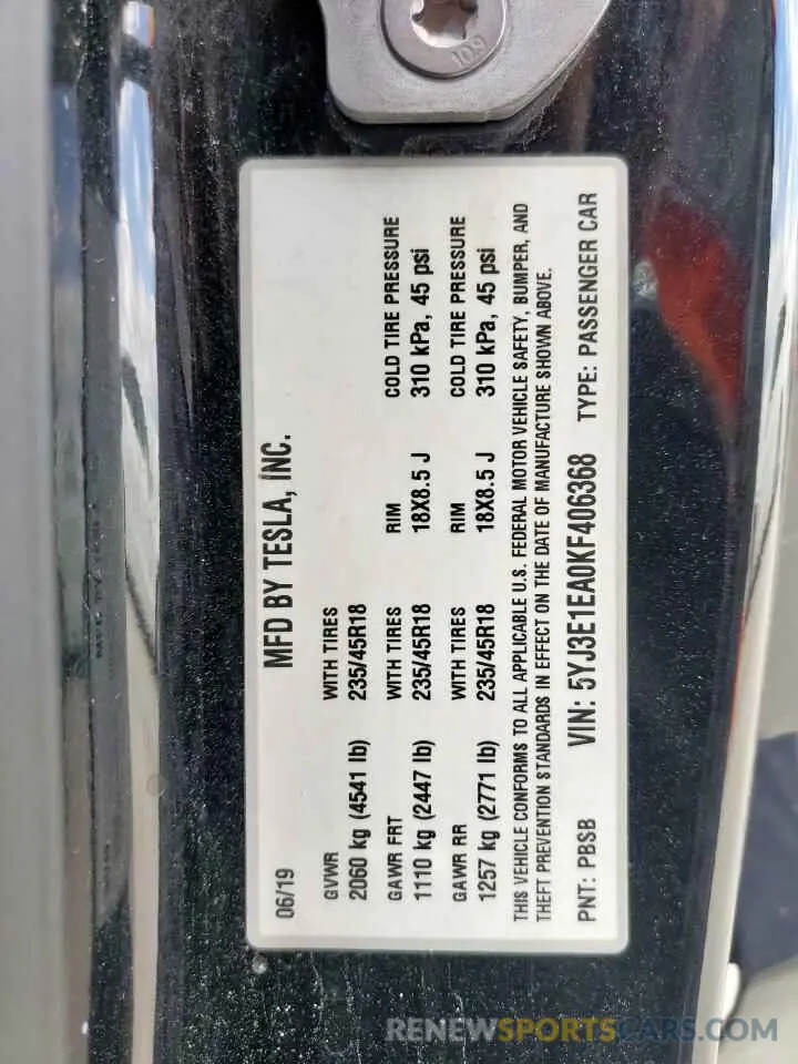12 Photograph of a damaged car 5YJ3E1EA0KF406368 TESLA MODEL 3 2019