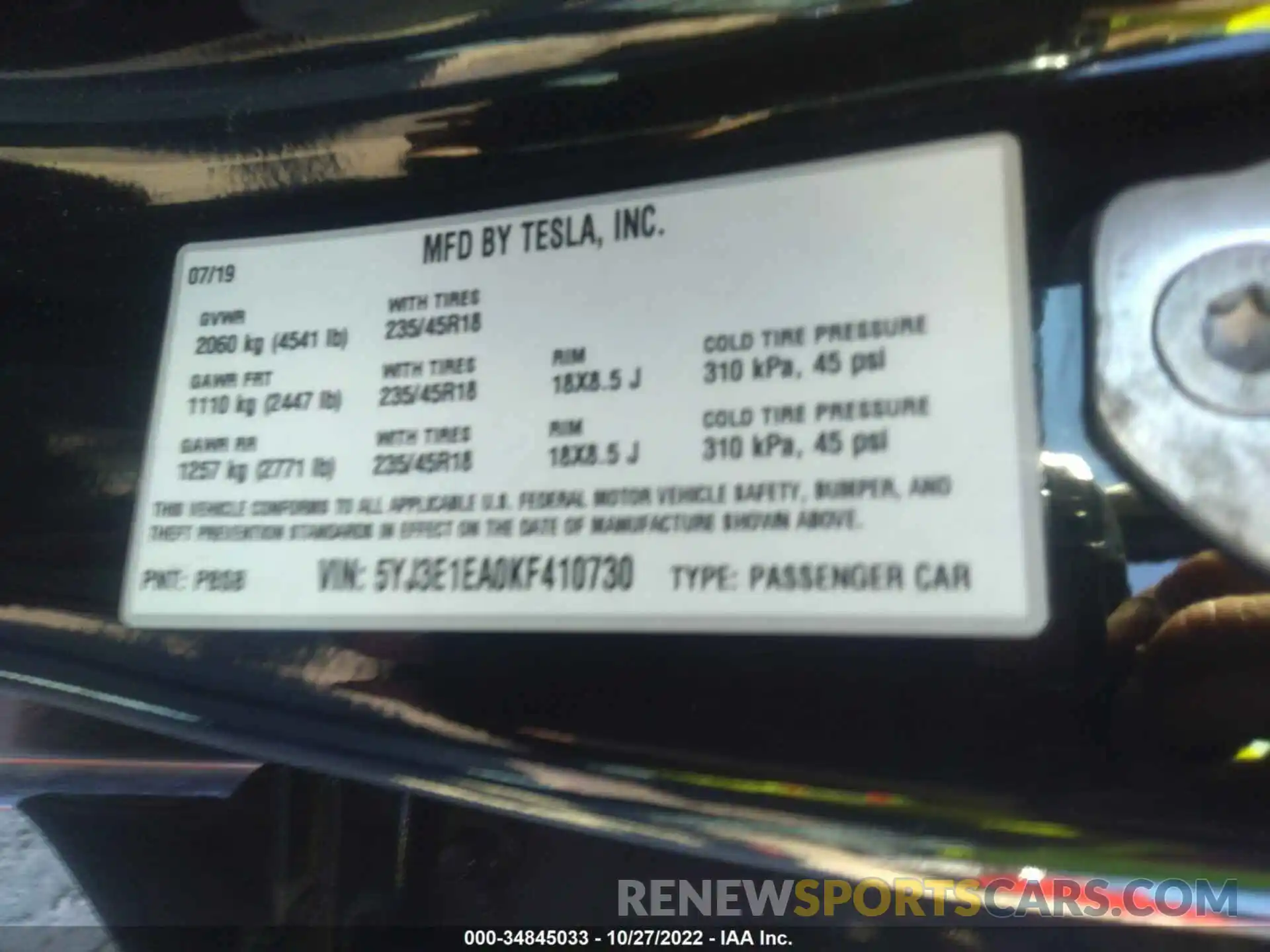 9 Photograph of a damaged car 5YJ3E1EA0KF410730 TESLA MODEL 3 2019