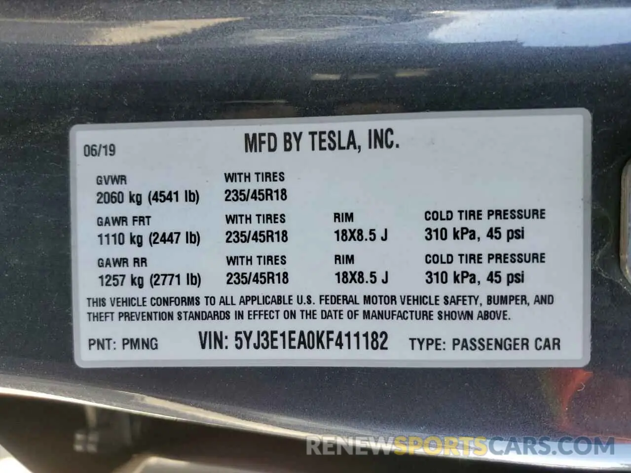 13 Photograph of a damaged car 5YJ3E1EA0KF411182 TESLA MODEL 3 2019