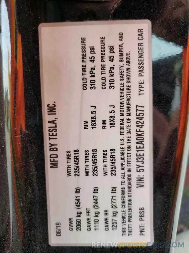 13 Photograph of a damaged car 5YJ3E1EA0KF424577 TESLA MODEL 3 2019