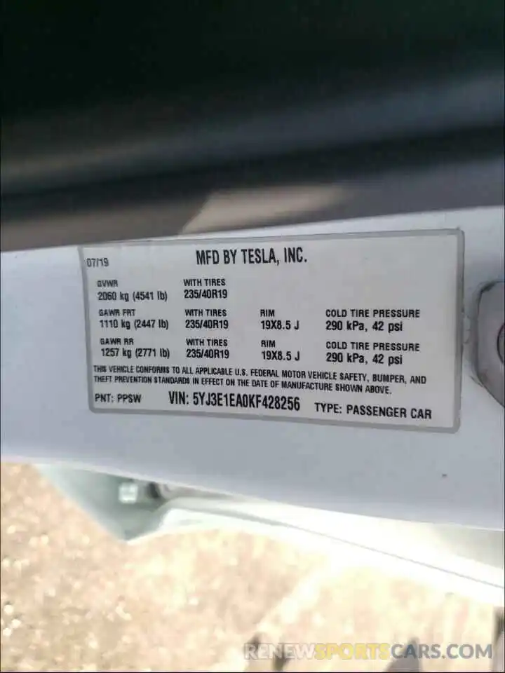 10 Photograph of a damaged car 5YJ3E1EA0KF428256 TESLA MODEL 3 2019