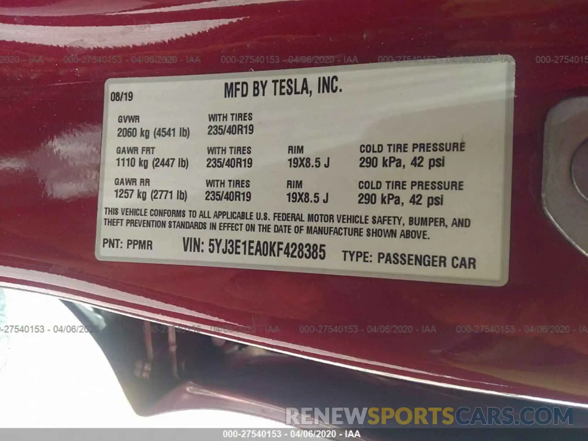 9 Photograph of a damaged car 5YJ3E1EA0KF428385 TESLA MODEL 3 2019