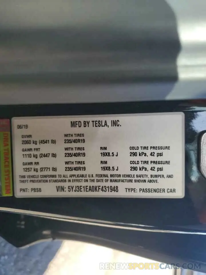 13 Photograph of a damaged car 5YJ3E1EA0KF431948 TESLA MODEL 3 2019