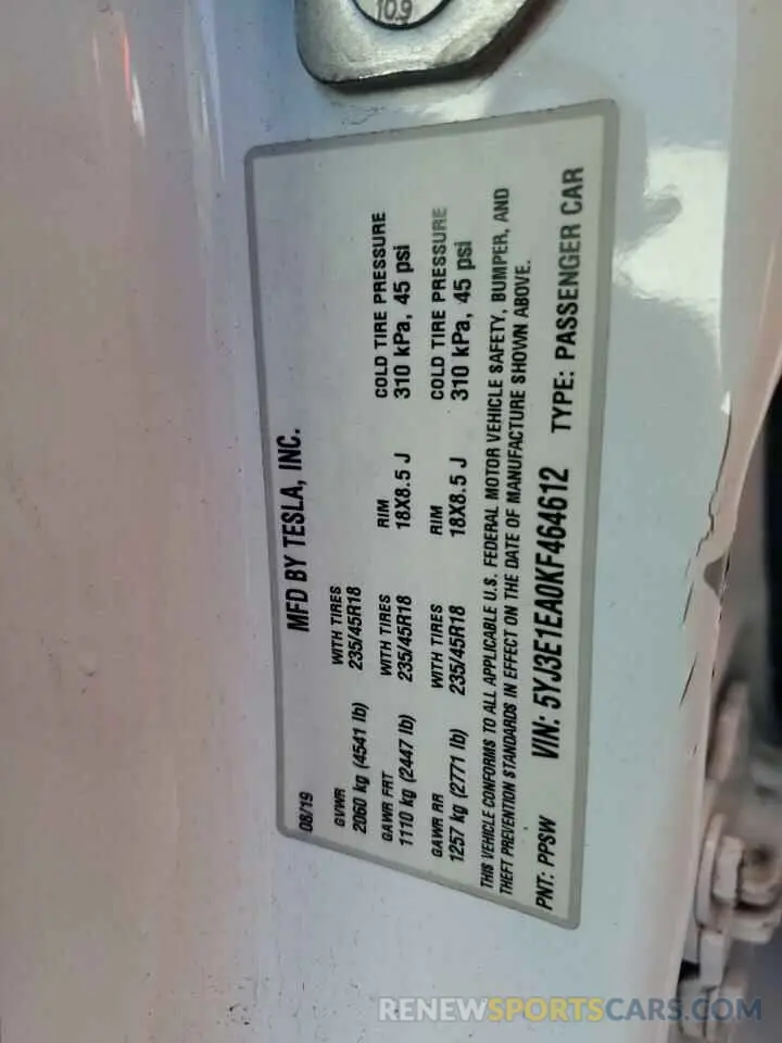 14 Photograph of a damaged car 5YJ3E1EA0KF464612 TESLA MODEL 3 2019