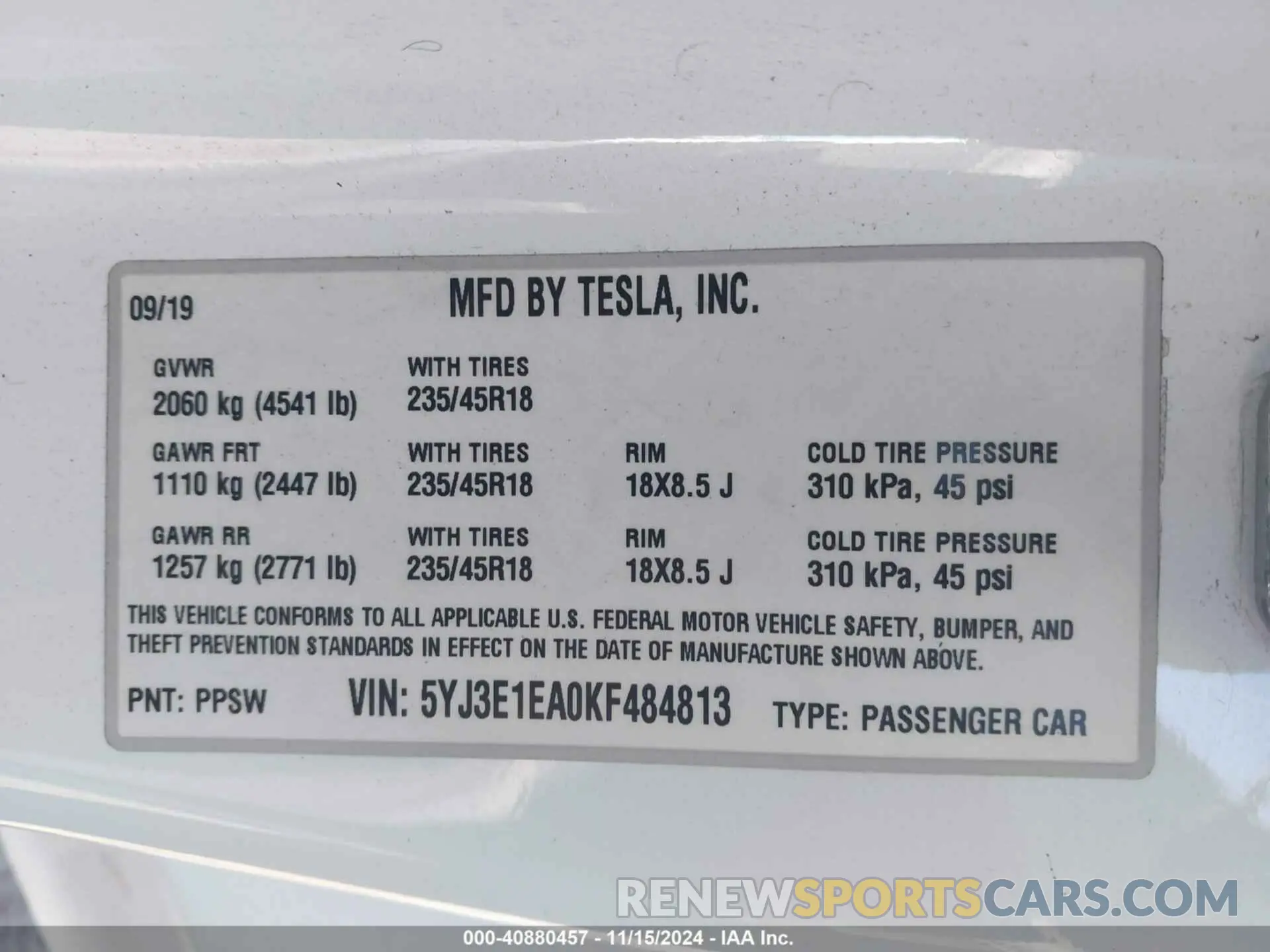 9 Photograph of a damaged car 5YJ3E1EA0KF484813 TESLA MODEL 3 2019