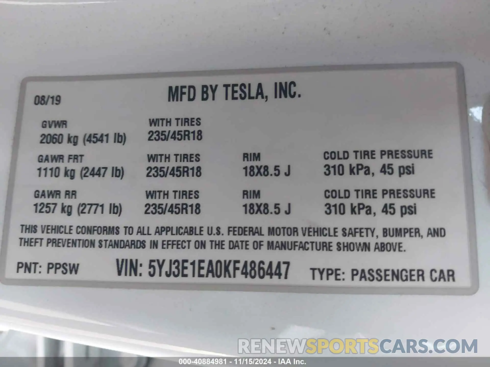 9 Photograph of a damaged car 5YJ3E1EA0KF486447 TESLA MODEL 3 2019